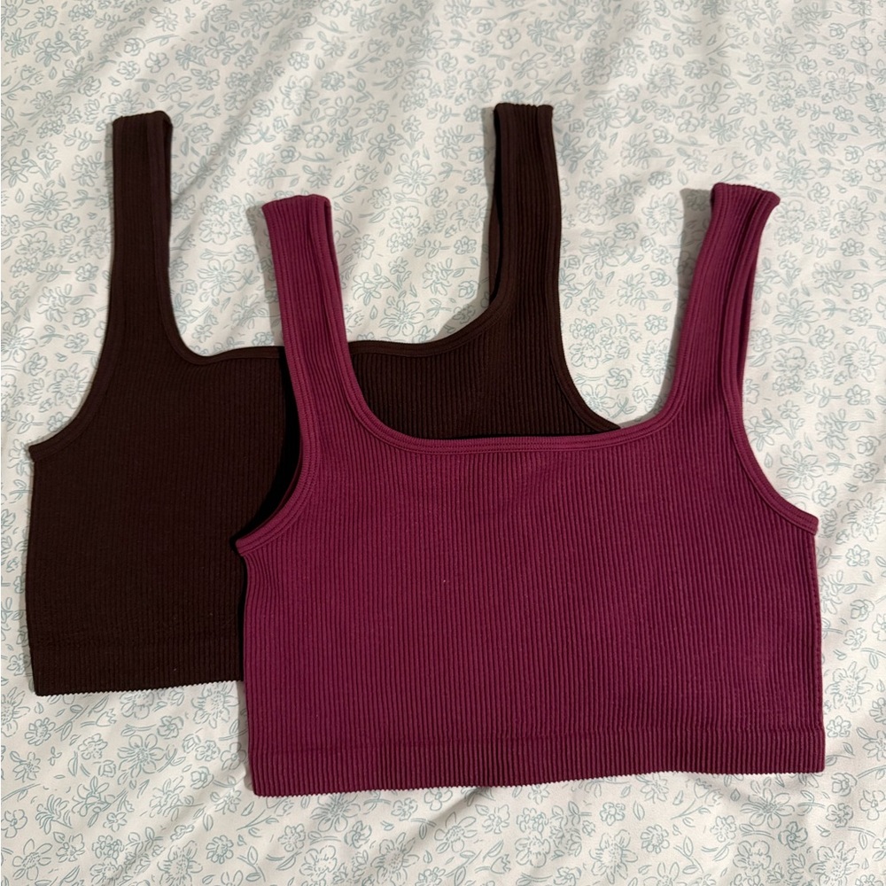 Ribbed Knit Tank Top Set - Burgundy and Brown